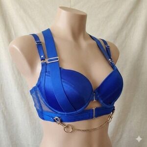 Honey Birdette Kukuro Blue Bra Womens 38D Gold Hardware Harness Strappy Lingerie